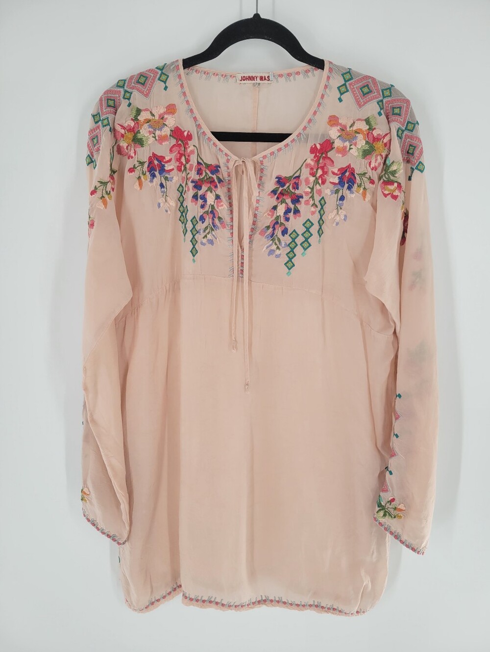 Johnny Was Blush Pink Embroidered Tie-Front Tunic Top Size L
